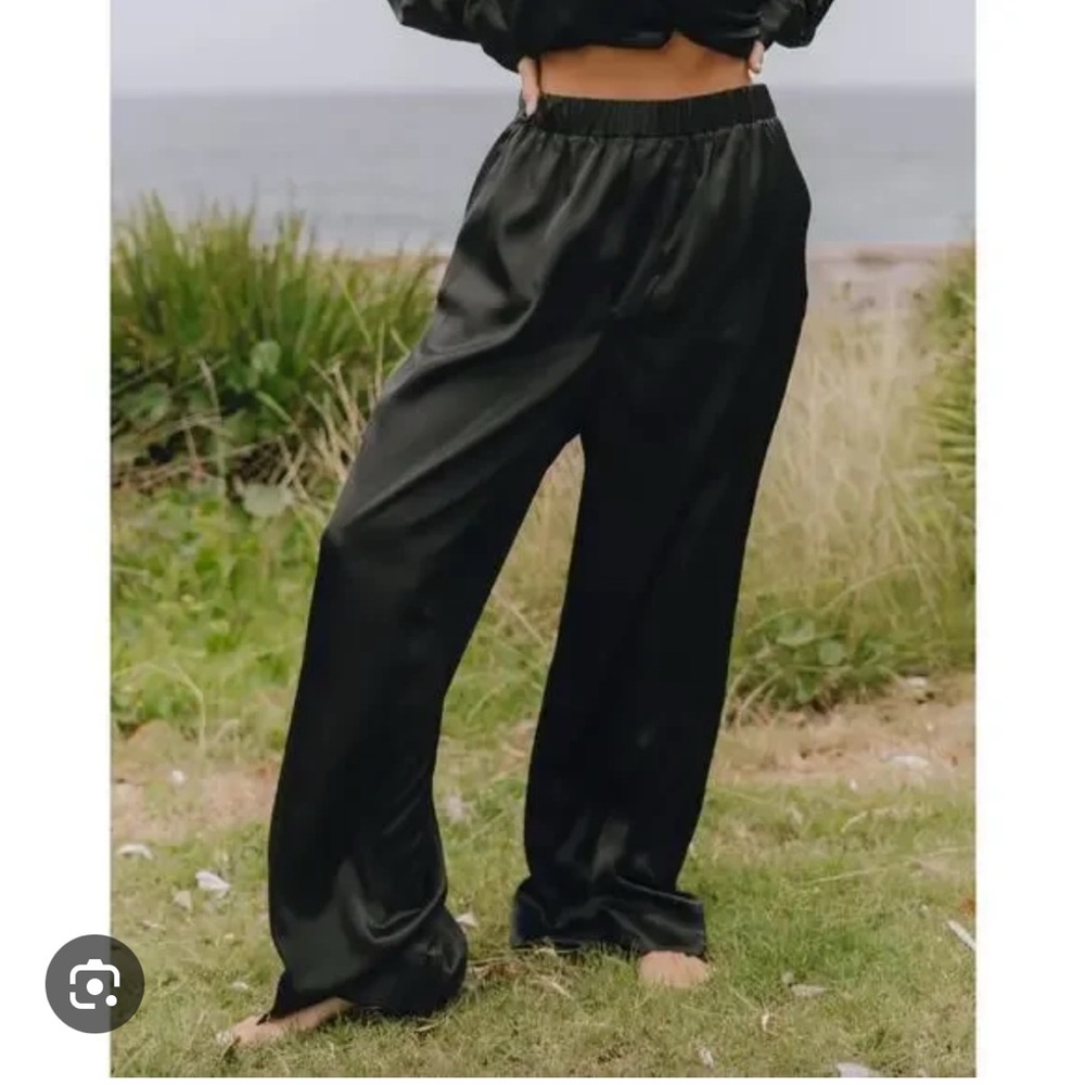 Daily Drills Black Satin Wide Leg Pants